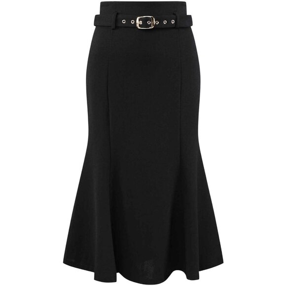 Dresses & Skirts - Women's Black Pull On Elegant Fishtail Waist Belted Work Mermaid Midi Skirt